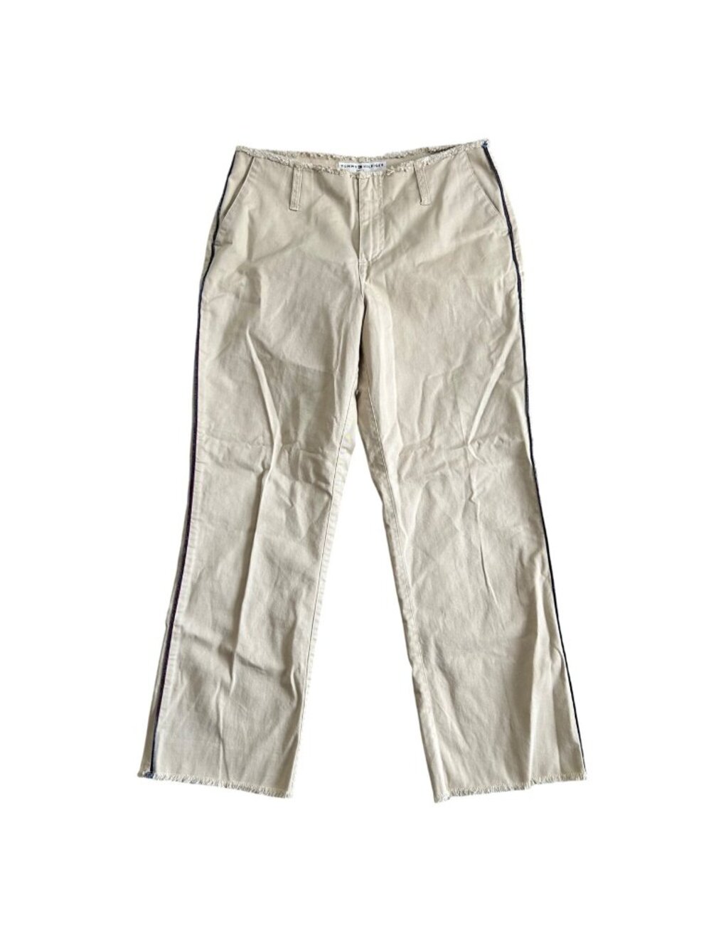 Y2K Tommy Hilfiger Beige Straight-Leg Jeans Sz 8 Frayed Hem & Side Stripe Detail